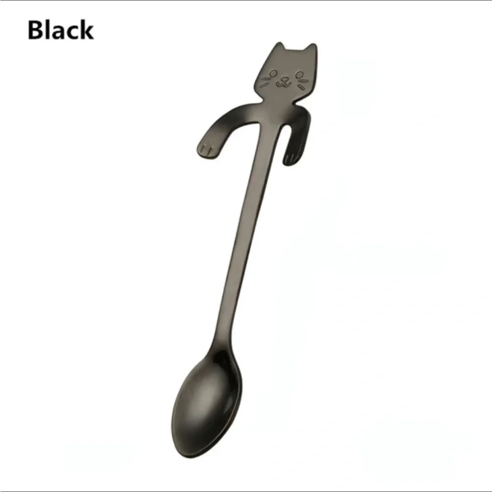 Cat Spoons Tea Spoons Stirrers Cup Hugging Kitty Cats Stainless Black 2 PC Set